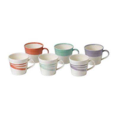 Set of six ceramic mugs in various pastel colors, featuring bold horizontal stripes in coral, mint, lavender, and teal, each with a comfortable handle and a capacity of 450ml.