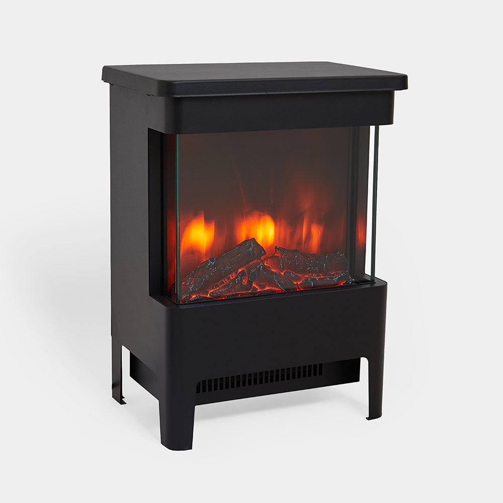 Black glass front stove heater with a sleek design, featuring a realistic flame effect and decorative logs, ideal for adding warmth and ambiance to any room.