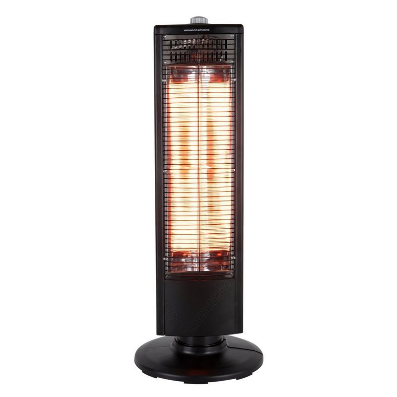 Black carbon infrared heater with oscillation feature, featuring a tall, slim design and visible heating elements glowing orange, mounted on a circular base.