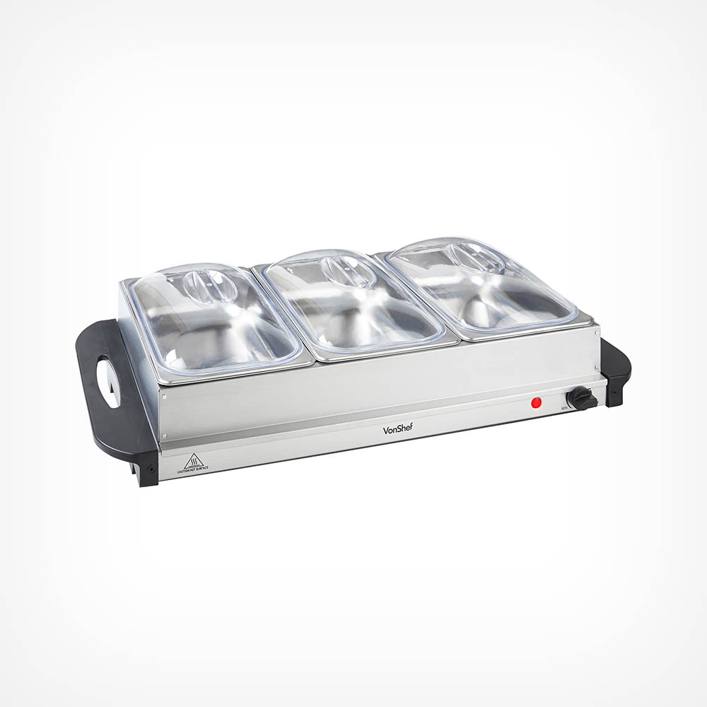 Stainless steel 2-in-1 buffet food server with four sections, featuring three large compartments with lids, a black handle, and a red power indicator.
