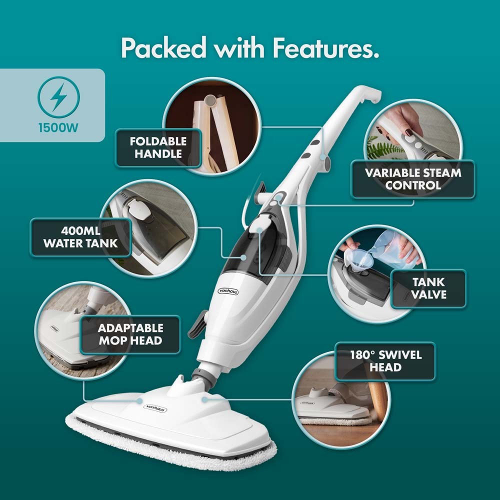 White 2-in-1 steam cleaner with a foldable handle, variable steam control, 400ml water tank, adaptable mop head, and a 180° swivel head for versatile cleaning.
