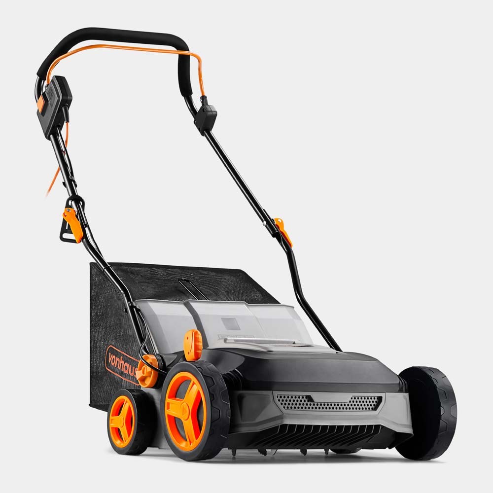 Grey VonHaus 2-in-1 scarifier and aerator with a 1600W motor, featuring an adjustable handle, orange accents, and a collection bag for easy debris disposal.