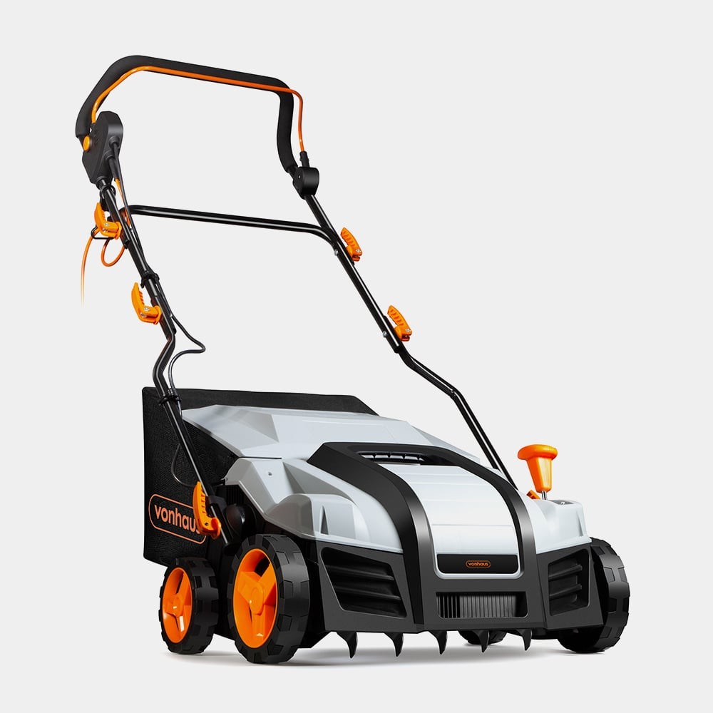 Gray and black 2-in-1 scarifier and aerator by VonHaus, featuring an ergonomic handle, orange accents, and large wheels for easy maneuverability.
