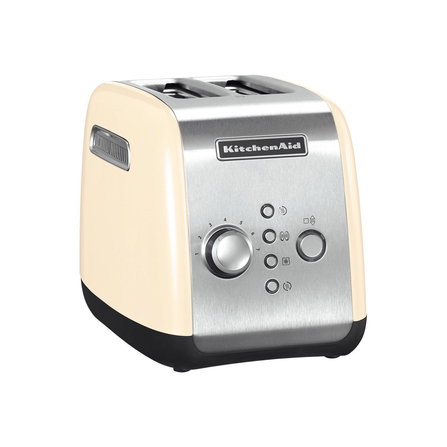 Almond cream-colored KitchenAid 2-slice toaster with a stainless steel front, featuring a dial for browning control and a black base.
