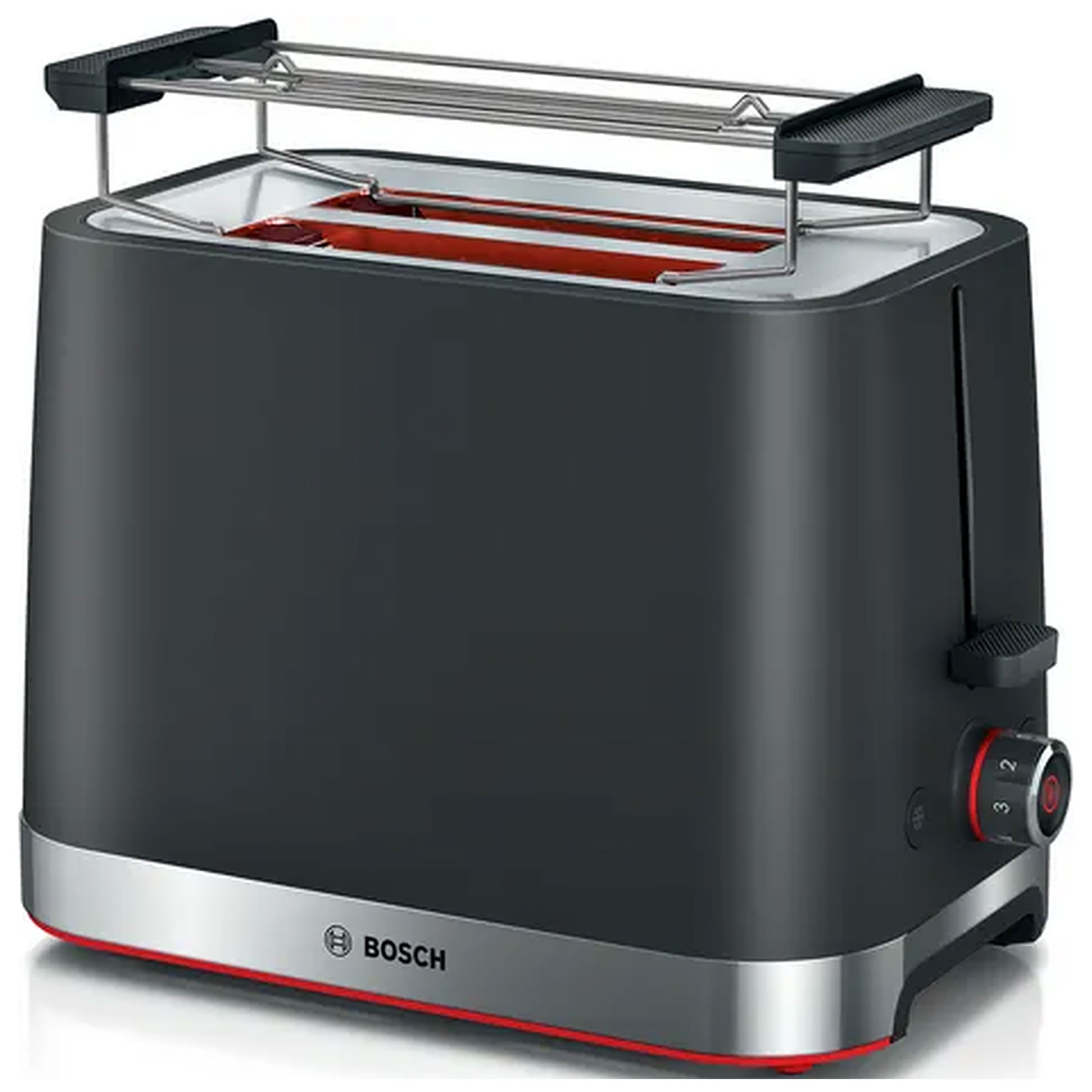 Black Bosch TAT4M223GB 2-slice toaster with a stainless steel base, red accents, a removable crumb tray, and a dial for browning control.
