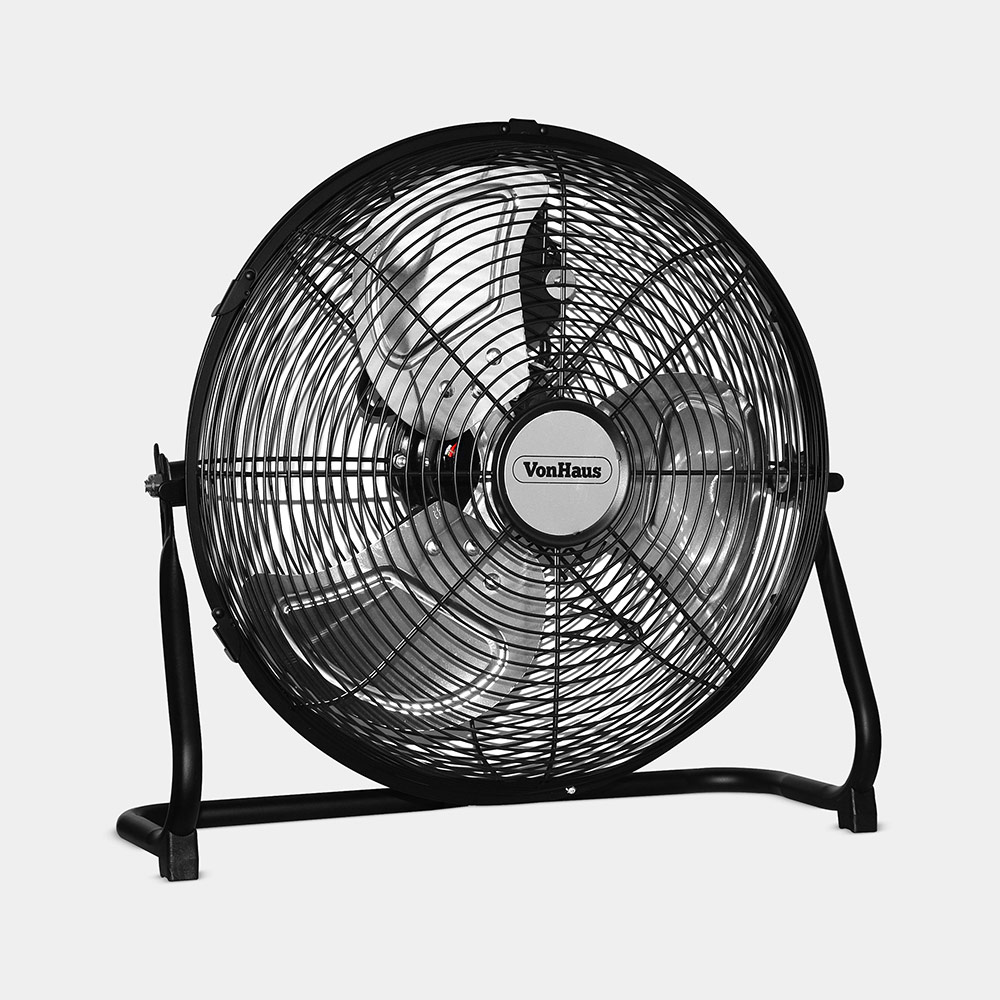 Silver VonHaus floor fan with a sturdy black metal stand, featuring a protective wire grille and three adjustable speed settings for customizable airflow.