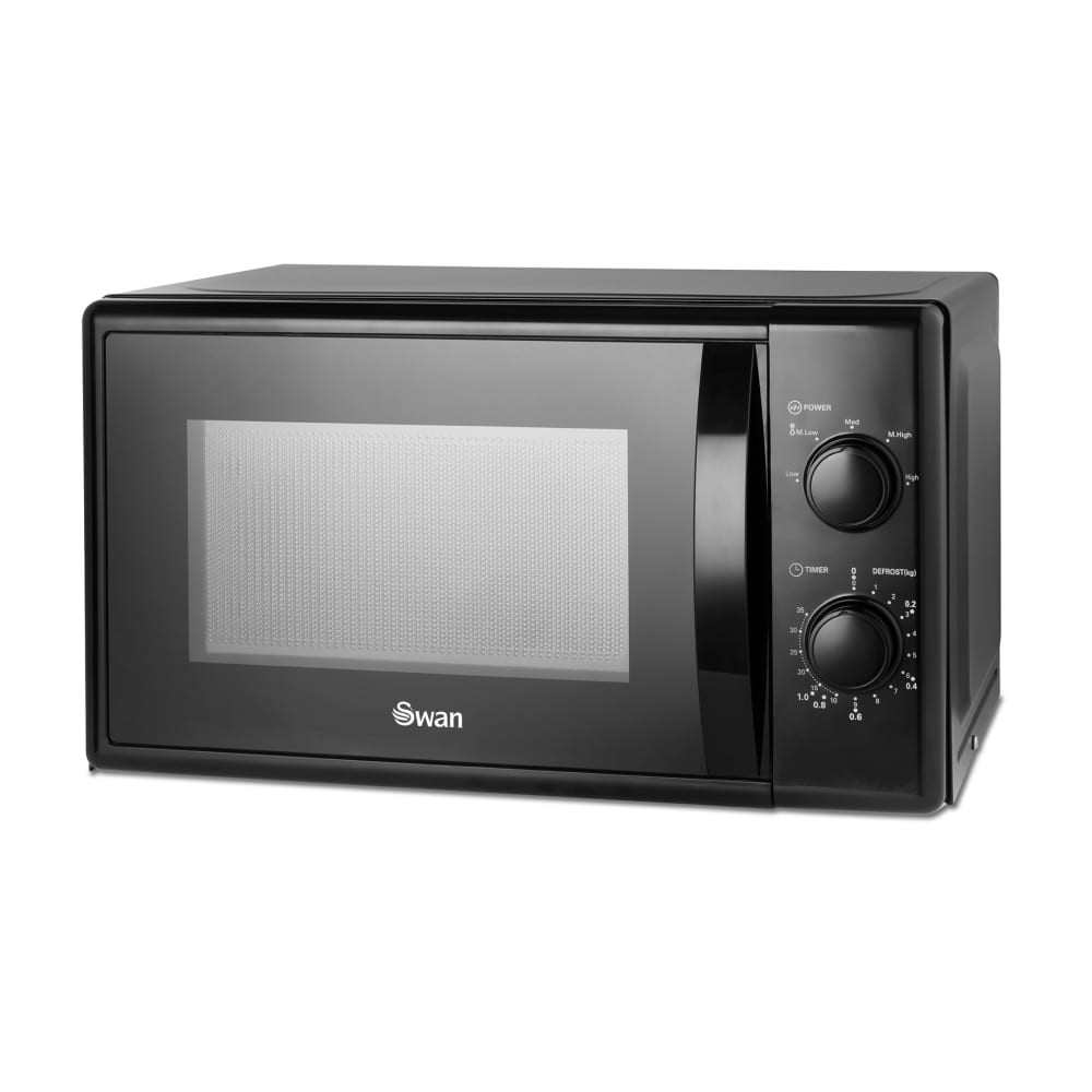 Black 20-litre manual microwave by Swan, featuring a glass door, control knobs for power and time settings, and a sleek, modern design.