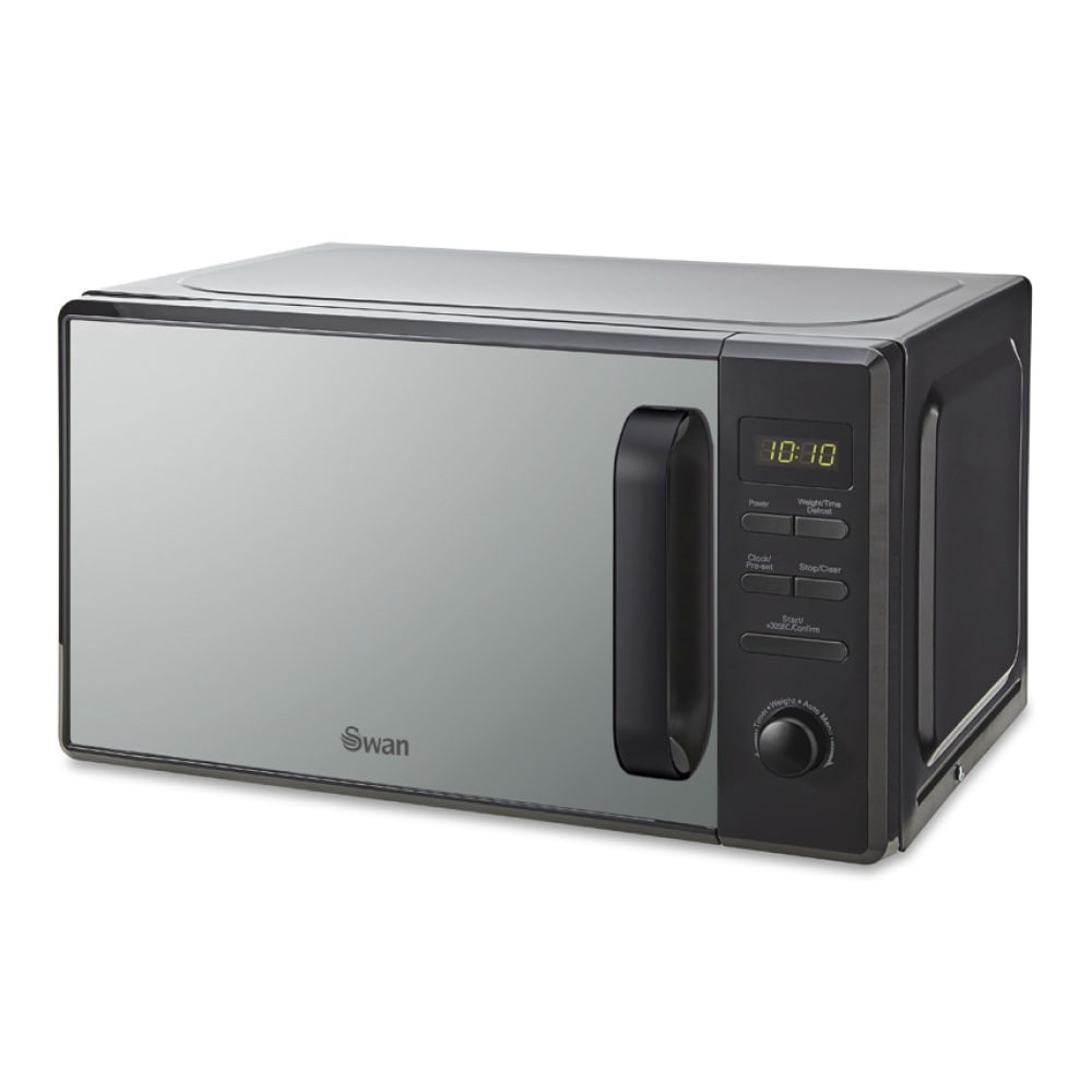 Swan 20 litre digital microwave in sleek black with a stainless steel front, featuring a digital display, control knobs, and a compact design for easy kitchen use.