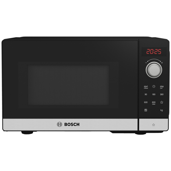 Black Bosch FFL023MS2B 800W single microwave with a 20L capacity, featuring a digital display, stainless steel accents, and a control knob on the right side.