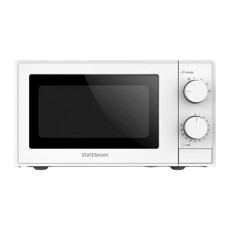 White Statesman SKMS0720MPW single microwave featuring a large glass door, two control knobs for power and time settings, and a sleek, modern design.