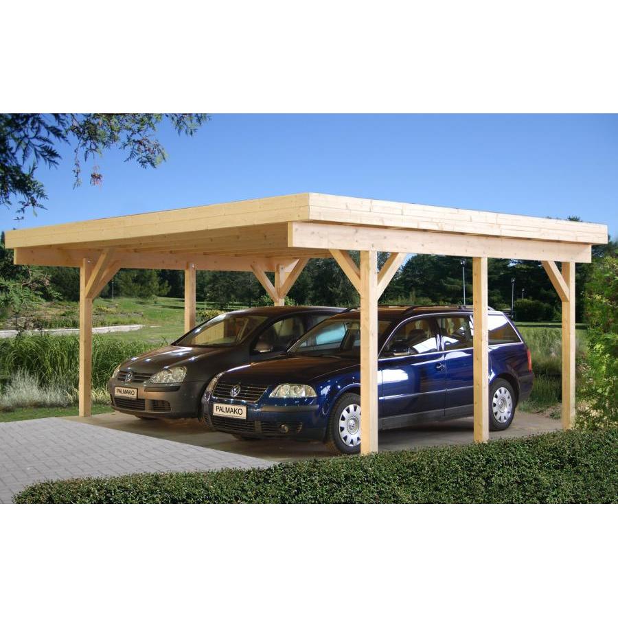 A spacious wooden carport made of light-colored timber, featuring a flat roof supported by sturdy posts, accommodating two vehicles side by side.