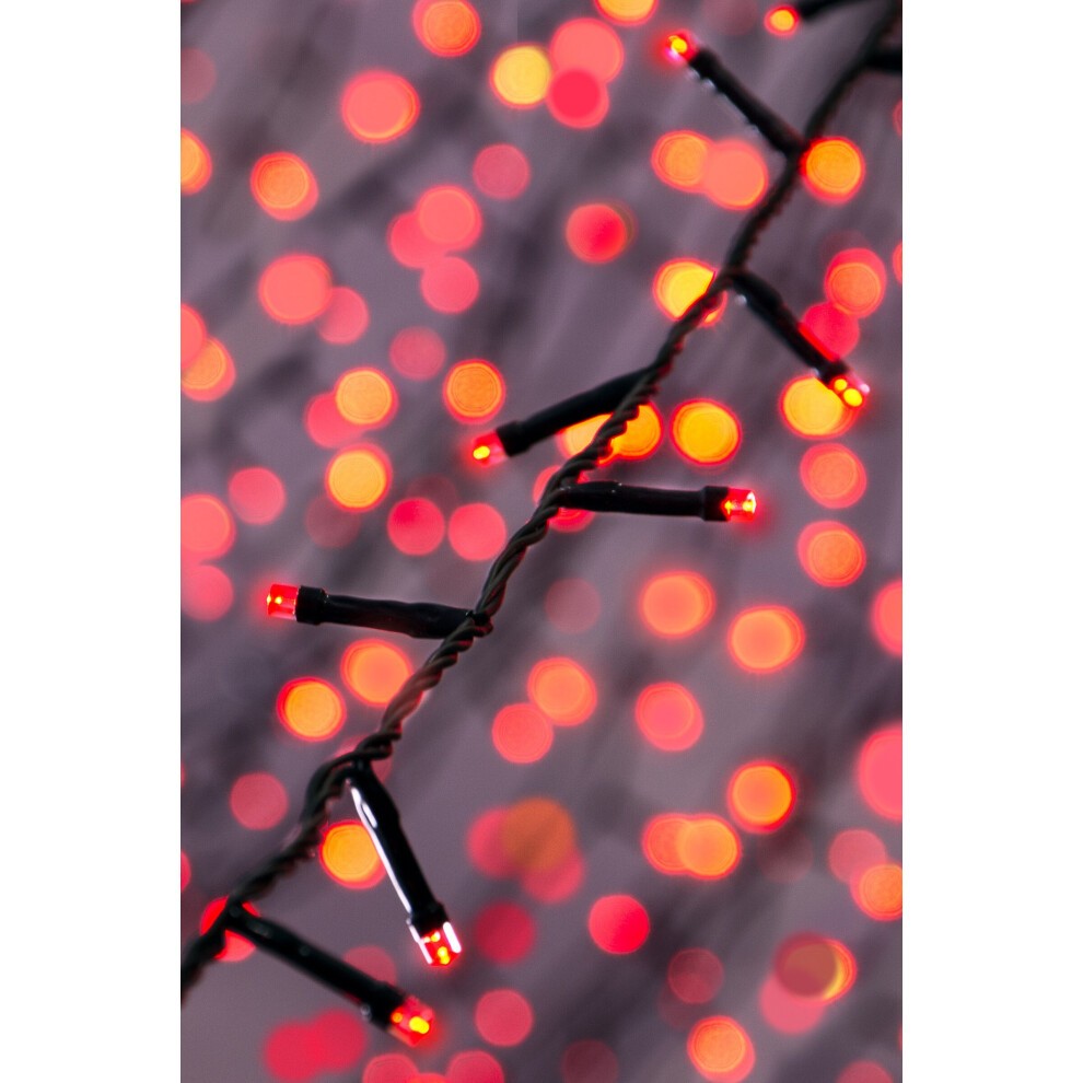 200 multi-function LED lights with a blue hue, featuring black wiring and vibrant red bulbs, ideal for festive decorations.