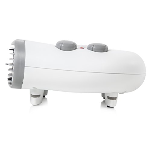 White flat fan heater with a sleek design, featuring two gray control knobs on the top and a red power indicator, mounted on four small legs for stability.