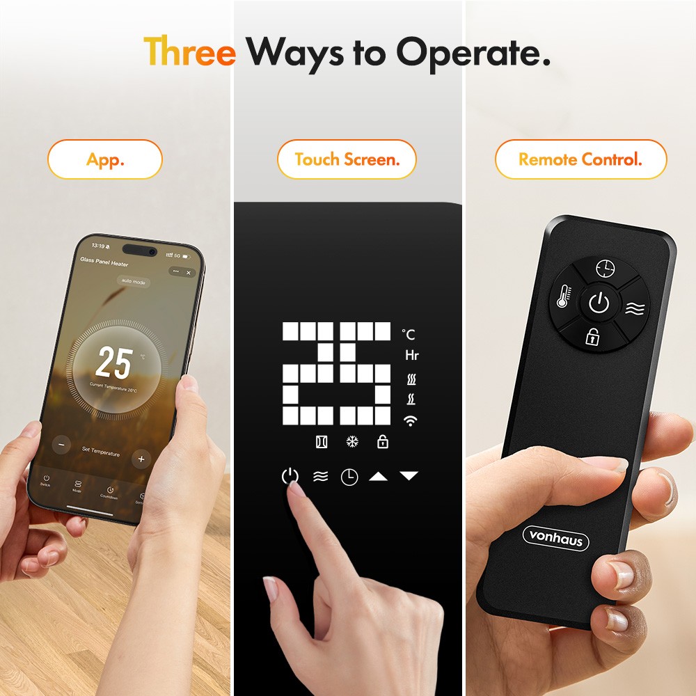 Smart panel heater with a sleek black design, featuring a touch screen display, remote control, and smartphone app functionality for easy temperature control.