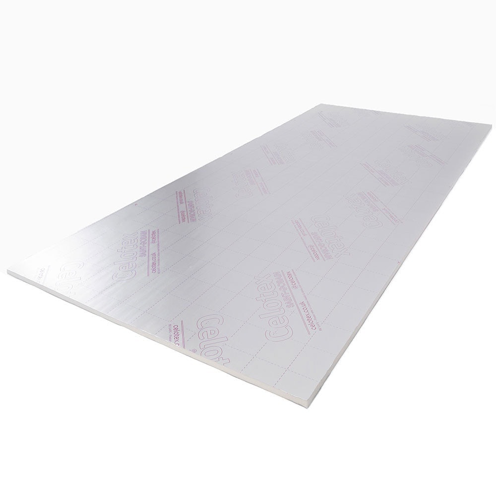 Celotex PIR insulation board, measuring 20mm x 2400mm x 1200mm, features a smooth, reflective silver surface with printed branding and grid lines for easy cutting.
