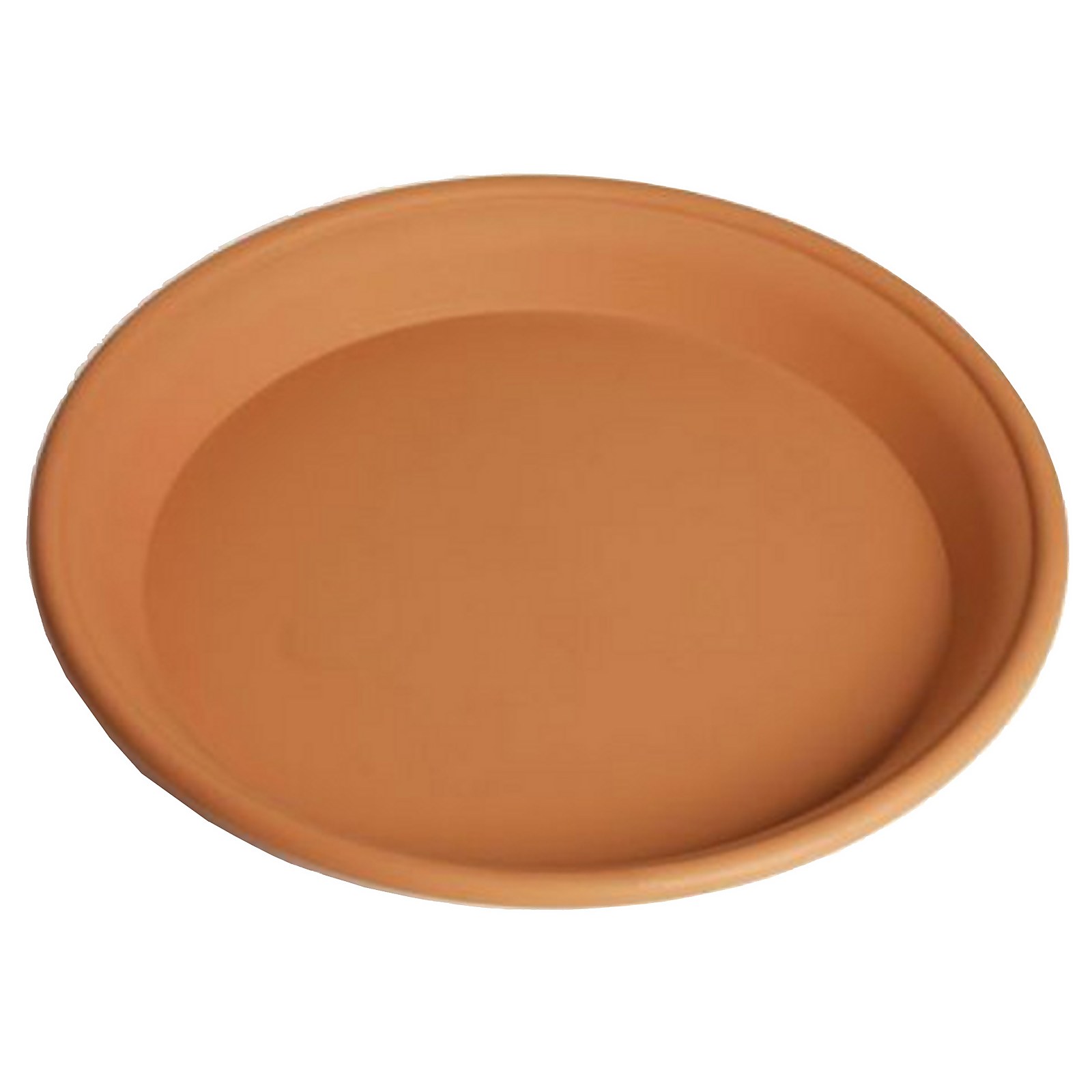 Round terracotta plant pot saucer measuring 25.5cm in diameter, featuring a smooth, earthy orange-brown finish and a slightly raised edge.