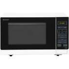 White 25-litre Solo Microwave by Sharp featuring a sleek design, a black glass door, and a control panel with buttons and a digital display.