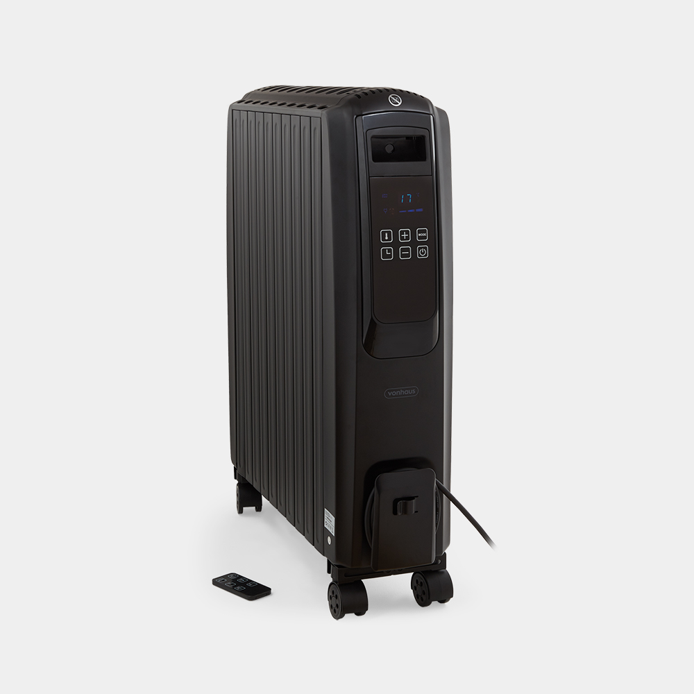 Black digital oil-filled radiator with a sleek design, featuring a control panel with buttons, a digital display, and wheels for mobility, alongside a remote control.