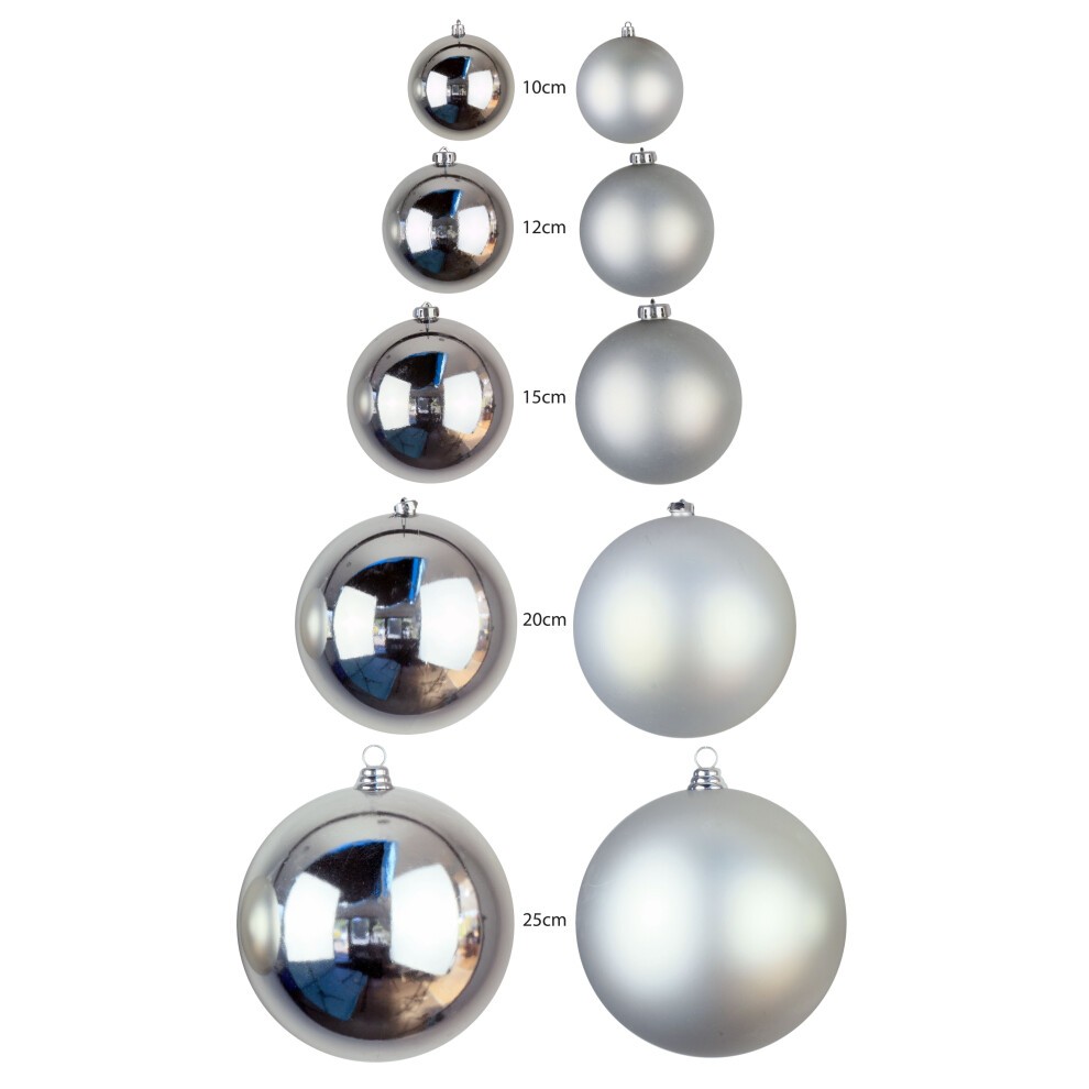 Bulk silver bauble set featuring shiny and matte finishes in sizes ranging from 10cm to 25cm, suitable for indoor and outdoor use, showcasing a sleek metallic design.