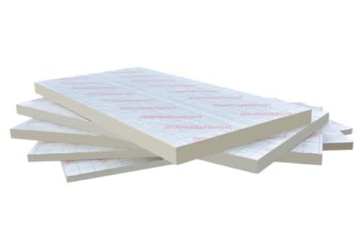 Five stacked 110mm thick insulation boards made of rigid PIR foam, featuring a smooth white surface with a printed grid pattern and red branding on the top layer.