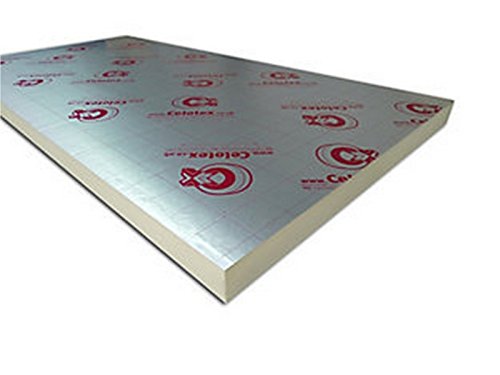 Celotex PIR insulation board in silver foil with red branding, measuring 25mm x 2400mm x 1200mm, featuring a smooth surface and flat edges.