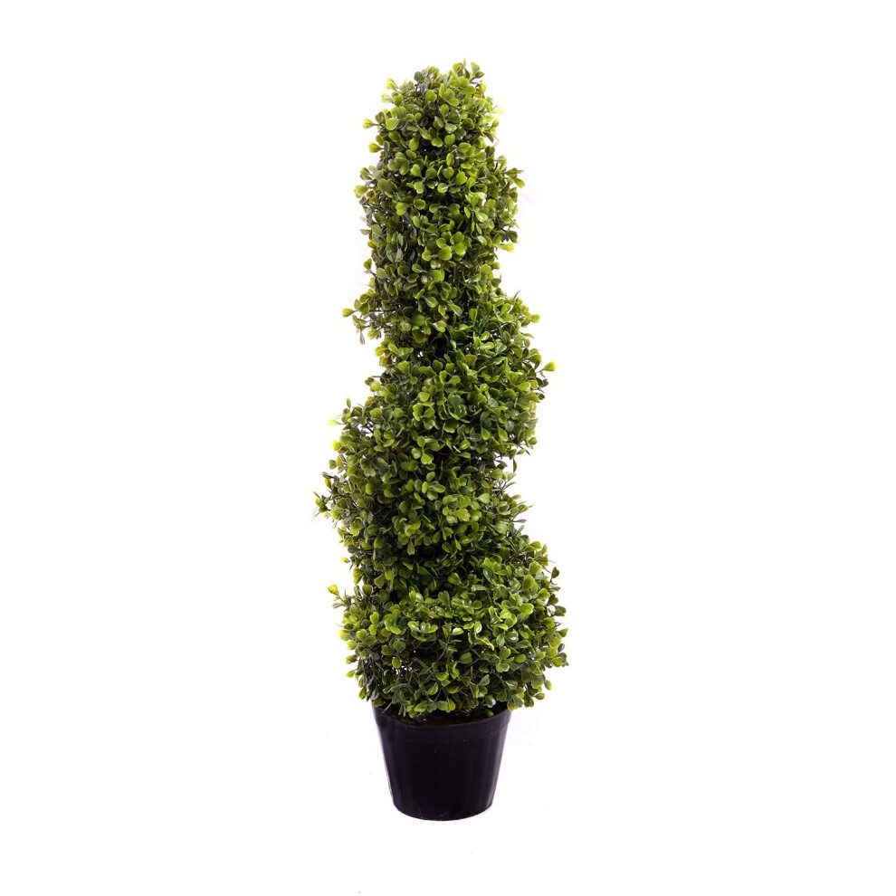 2ft tall artificial boxwood spiral topiary tree in a black pot, featuring lush green foliage with a textured appearance and a tapered, spiraling design.