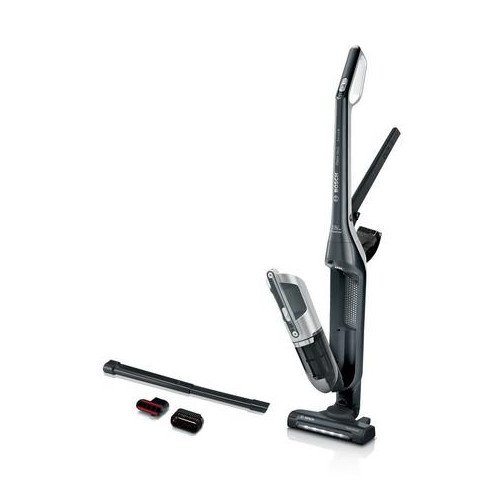 Bosch BBH3230GB cordless vacuum cleaner in sleek black and silver, featuring a detachable handheld unit, two brush attachments, and a compact design for easy storage.