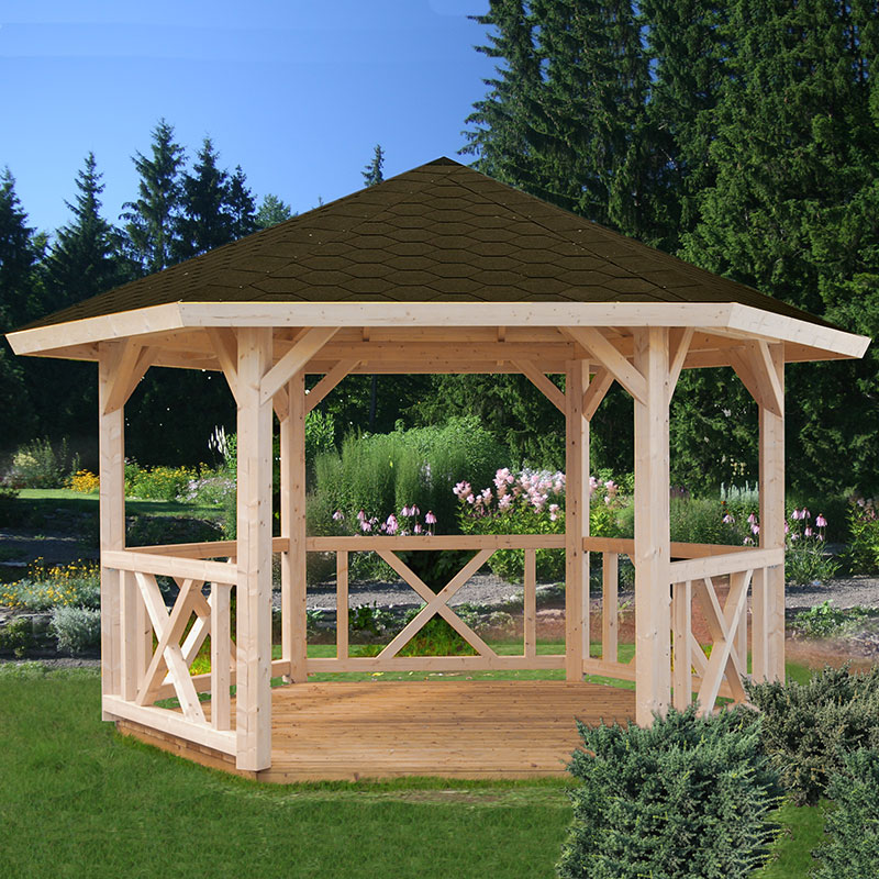 Luxurious 3.3x3.3m Palmako Betty Garden Pavilion with a dark shingle roof, wooden frame, open design, and decorative cross-bracing, set in a lush garden environment.