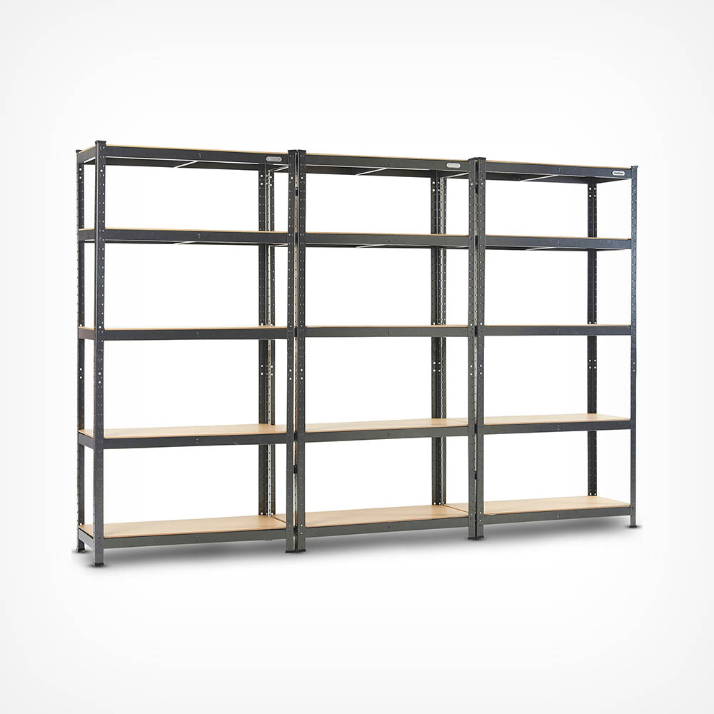 Five-tier racking system in black metal with wooden shelves, featuring three bays for storage, ideal for garages or workshops.