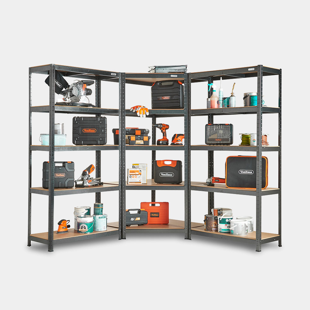 Three-tier corner racking unit in black metal with wooden shelves, featuring various tools, paint cans, and storage boxes in orange and gray, ideal for organizing garage or workshop items.