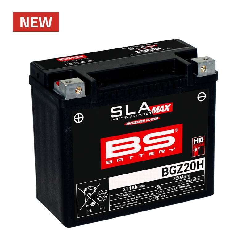Black rectangular battery with red and white "BS" logo, labeled "SLA Max," featuring specifications like "BGZ20H" and "320A" on the front, marked as maintenance-free and factory activated.