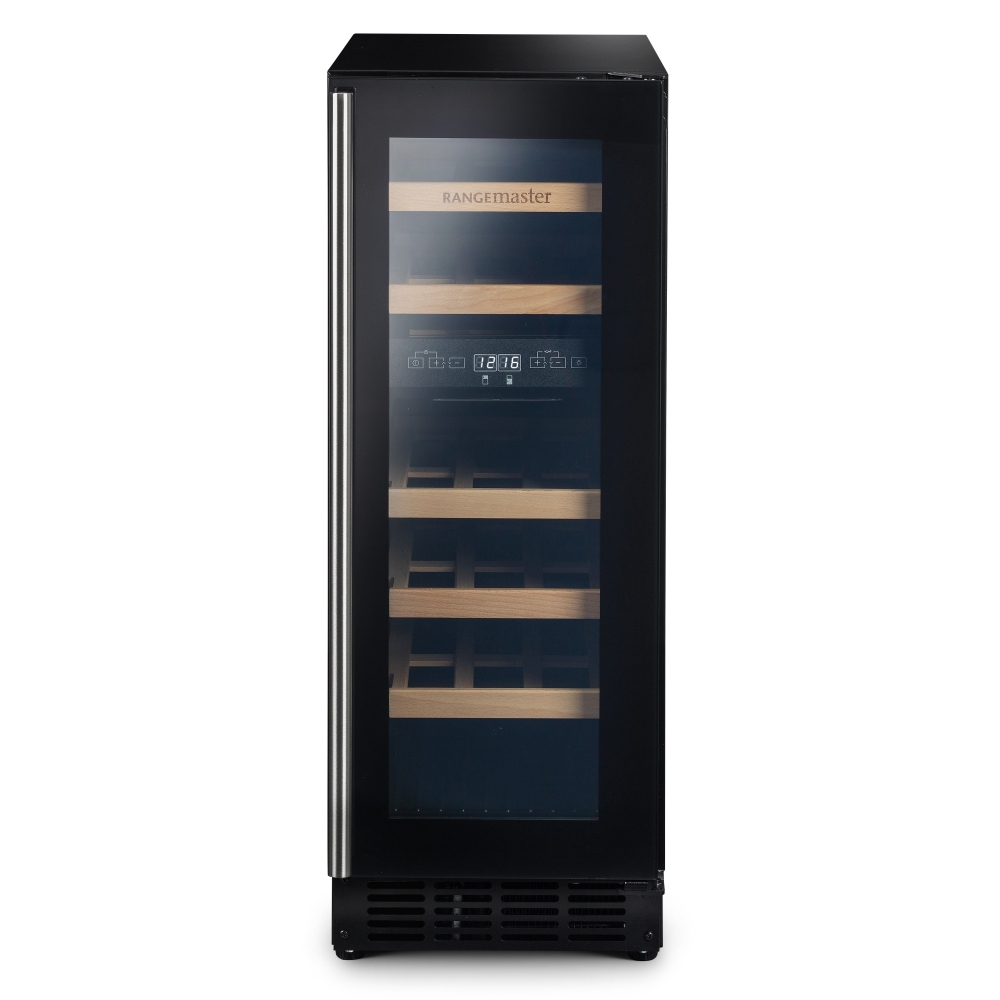 30cm black wine cabinet by Rangemaster, featuring a glass door, wooden shelves, digital temperature control, and capacity for 18 bottles.