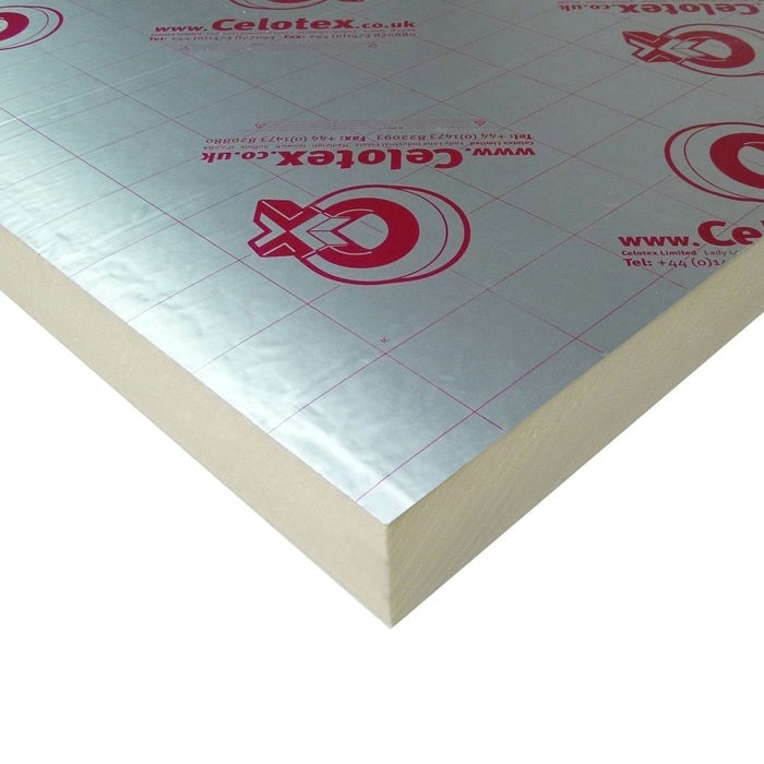 Celotex PIR insulation board in silver foil with red branding, measuring 30mm thick, 2400mm long, and 1200mm wide, showcasing a smooth, rigid surface.