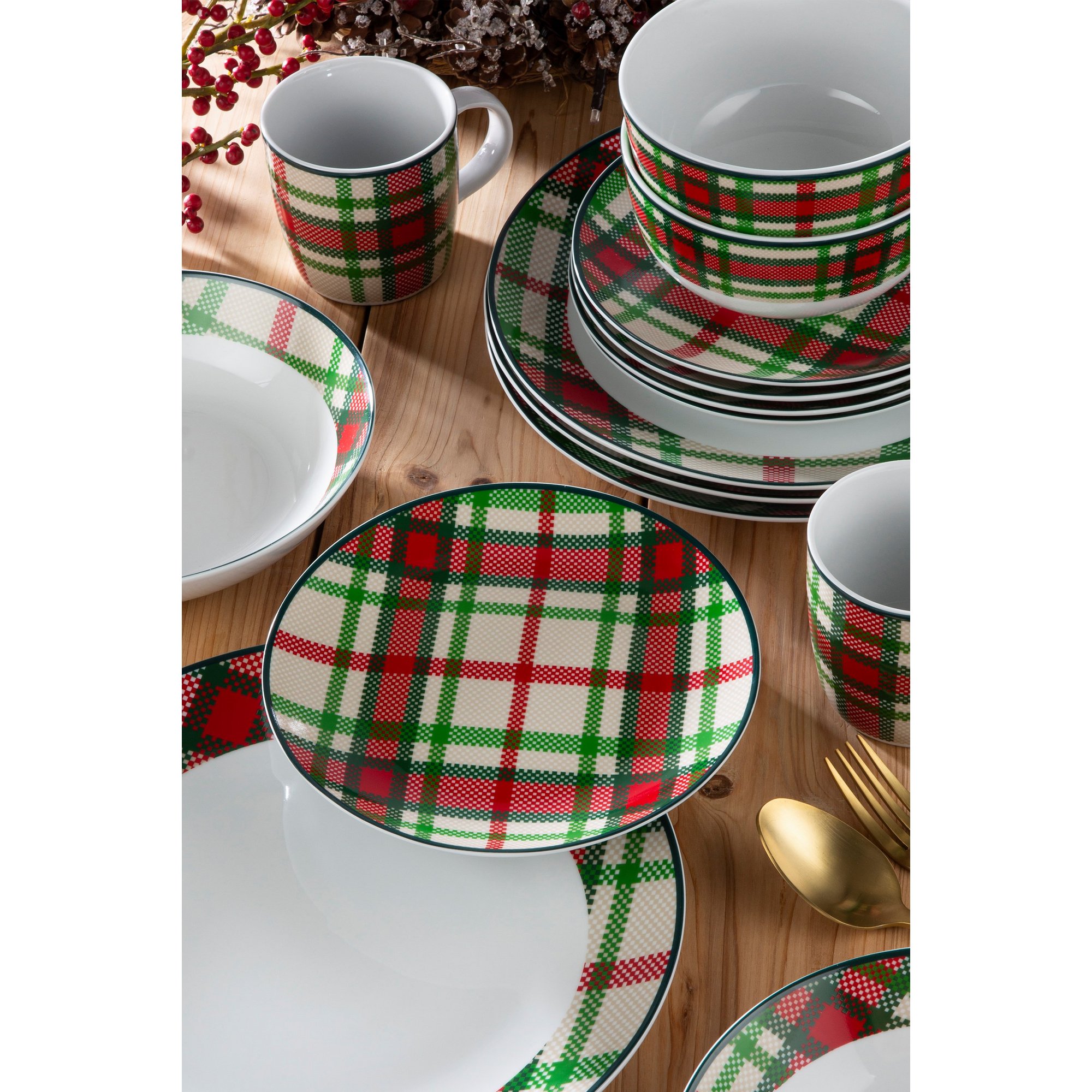 30-piece dinner set featuring a vibrant green tartan pattern with red accents, made from durable ceramic, including plates, bowls, and mugs, arranged on a wooden surface.