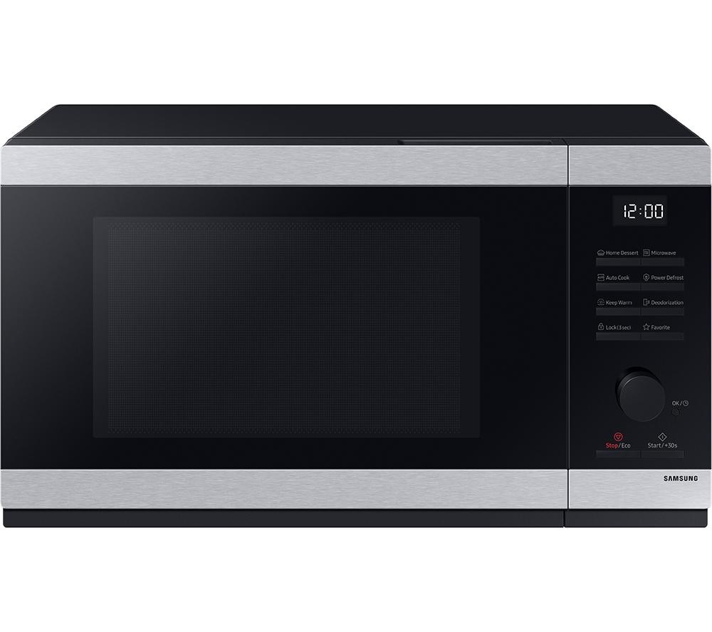 Samsung Solo Microwave with a sleek stainless steel finish, featuring a black front panel, digital control buttons, and a 32L capacity with a triple distribution system for even heating.