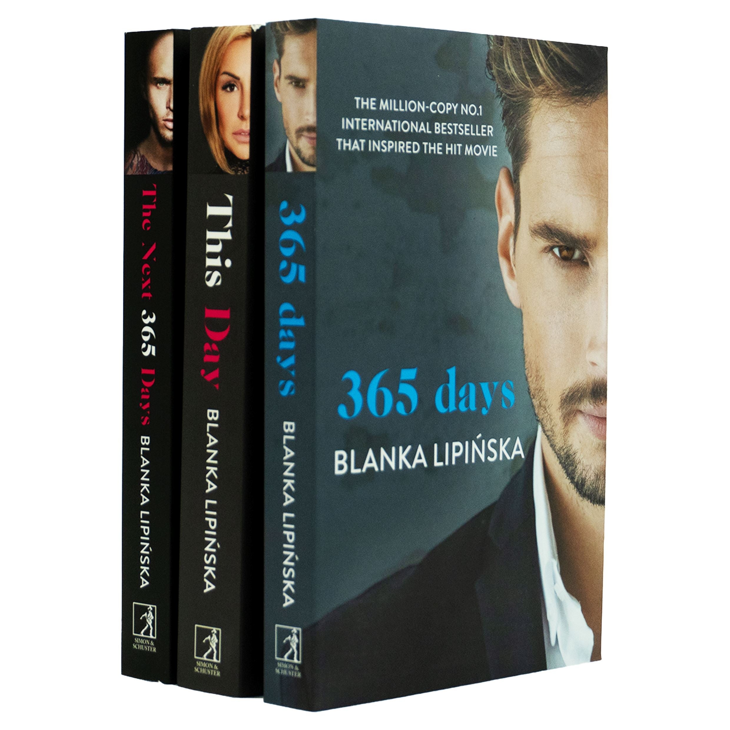 Three paperback books from the "365 Days Series" by Blanka Lipińska, featuring bold titles in black and blue, with a close-up of a man on the cover of the first book.