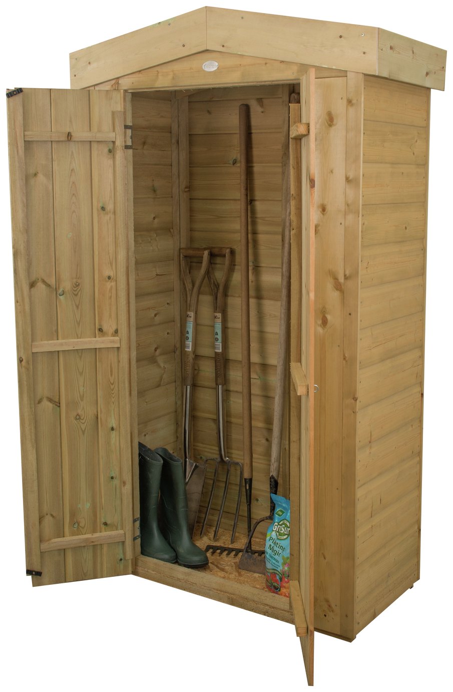 Tall wooden garden storage shed in natural wood finish, featuring a sloped apex roof, double doors, and interior space with gardening tools and rubber boots visible.