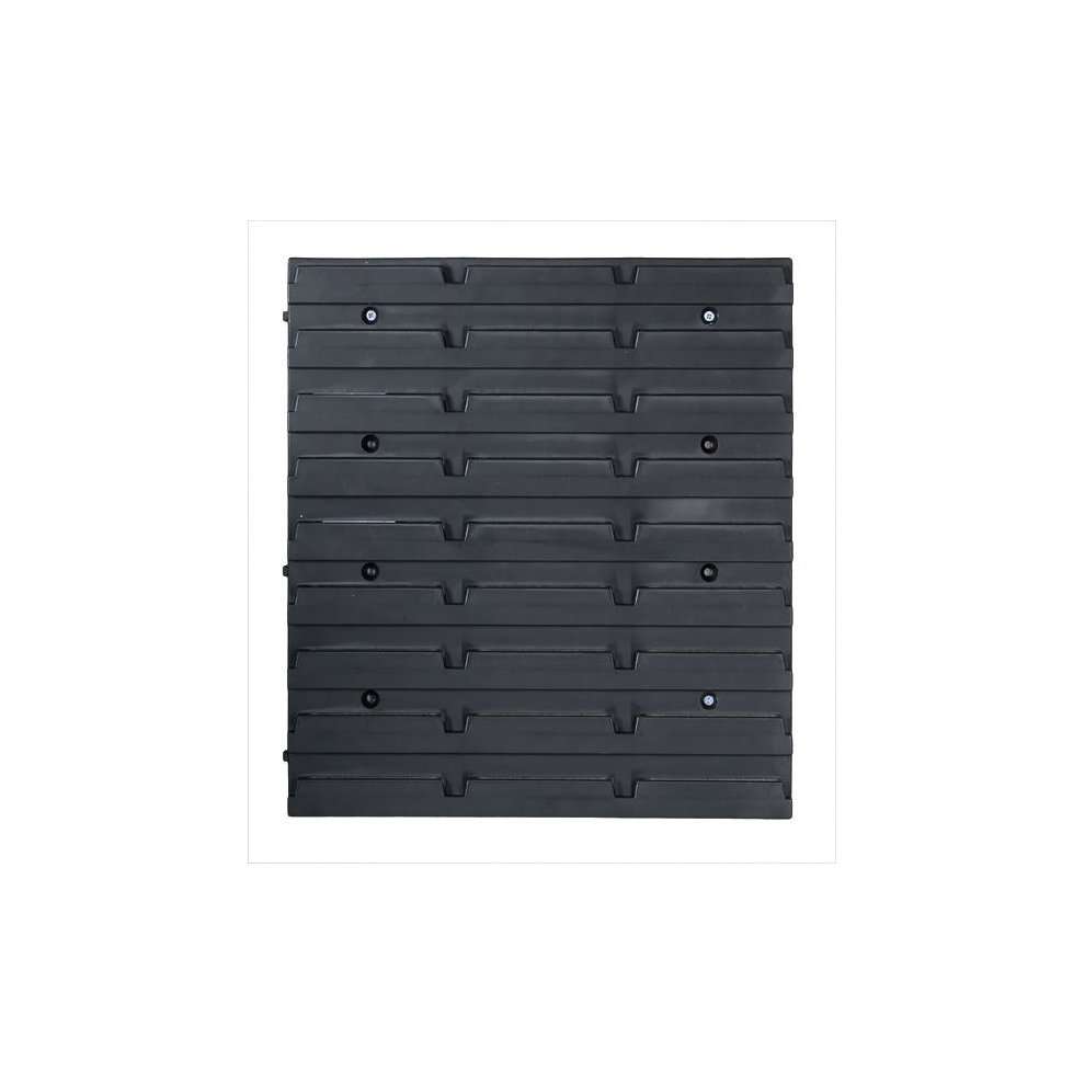Black plastic storage organizer with multiple horizontal compartments, featuring a sturdy design and small holes for easy mounting or securing.