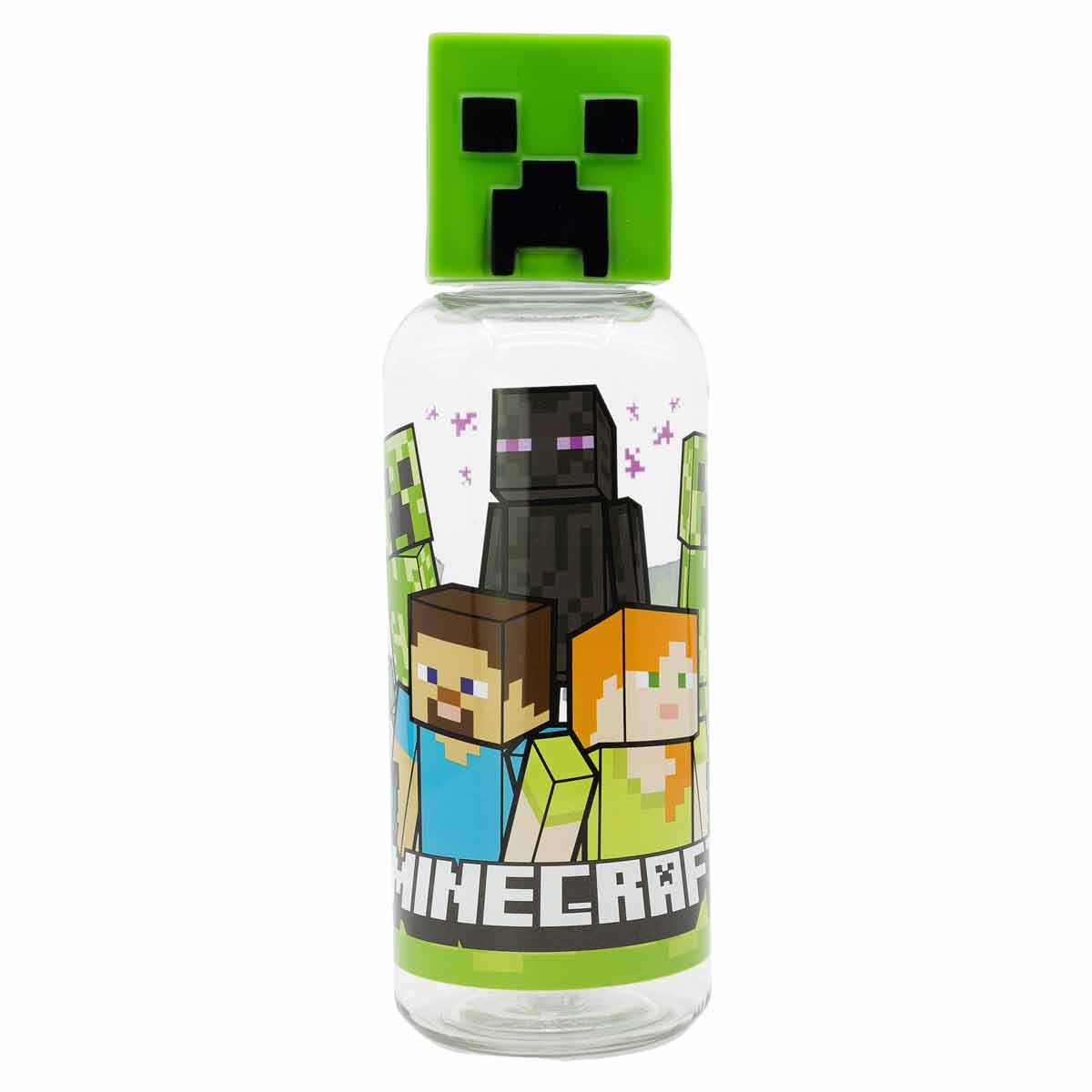 Clear bottle featuring Minecraft characters, including a green Creeper cap, Steve, Alex, and an Enderman, with a colorful design on the front.