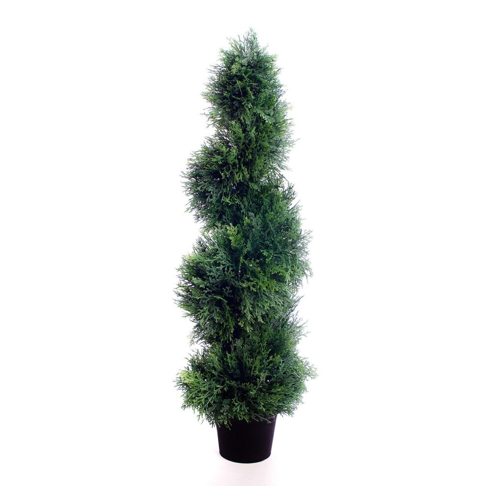 3ft tall artificial cedar spiral topiary tree in a black pot, featuring lush green foliage with a textured, bushy appearance, ideal for indoor or outdoor decoration.