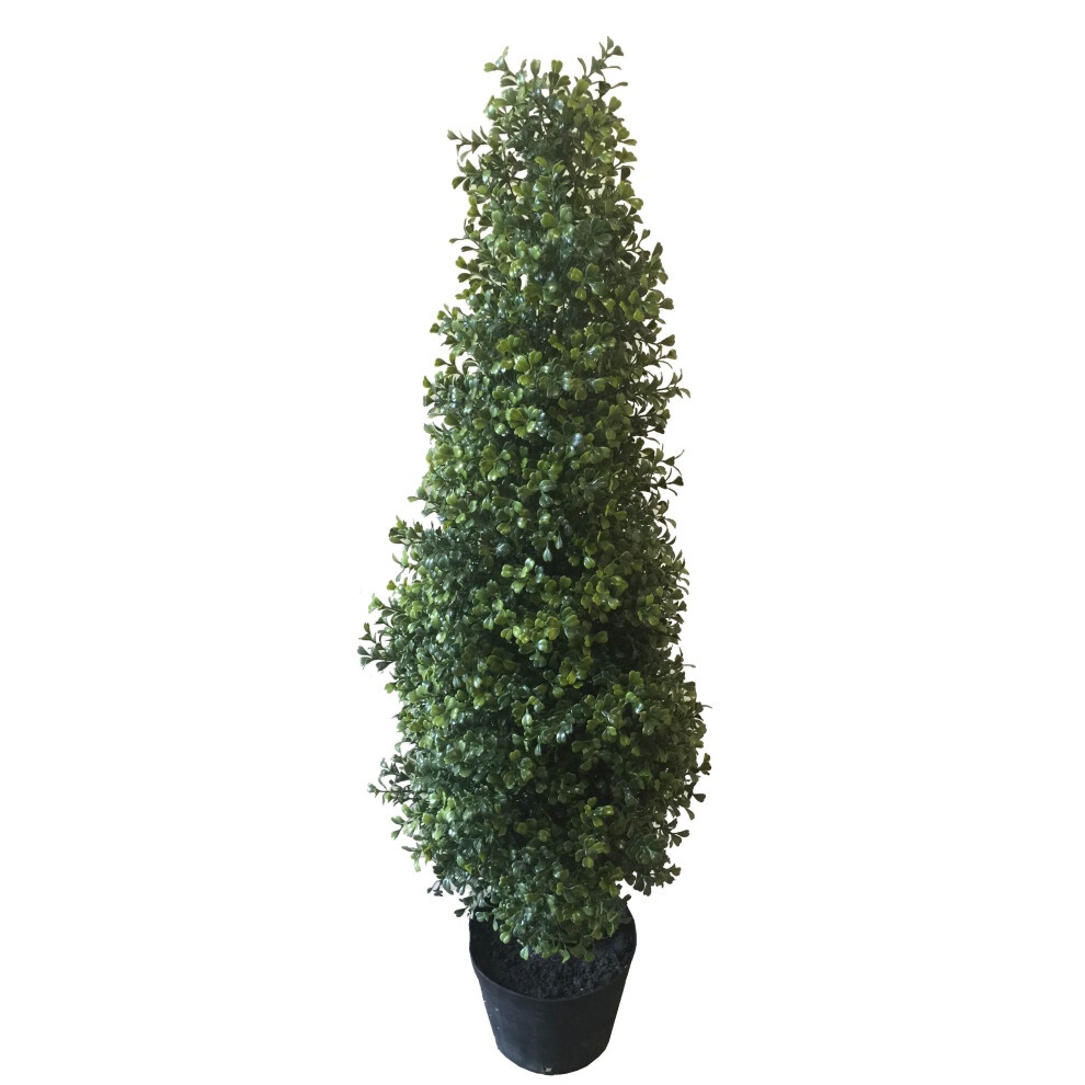 3ft artificial potted boxwood topiary tree with dense green foliage, shaped in a tapered cone, set in a simple black pot.