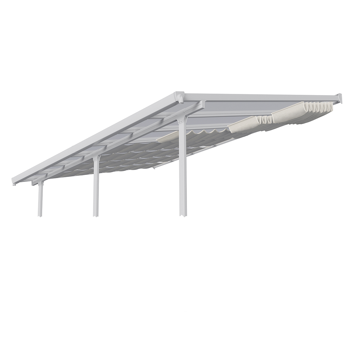 White Palram Canopia patio cover roof blinds measuring 3m x 4.25m, featuring a sturdy frame and fabric panels for shade and protection.