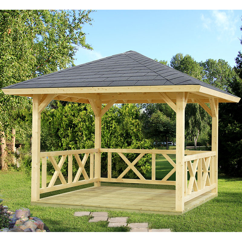 Luxury 3x3m Palmako Betty Garden Pavilion features a wooden frame with a sloped black shingle roof and a decorative cross-pattern railing, set in a grassy outdoor area.