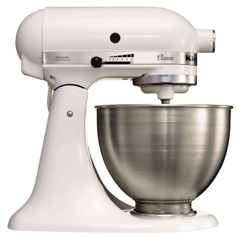 Classic white 4.3L KitchenAid stand mixer with a polished stainless steel bowl, featuring a tilt-head design and control dial for speed settings.