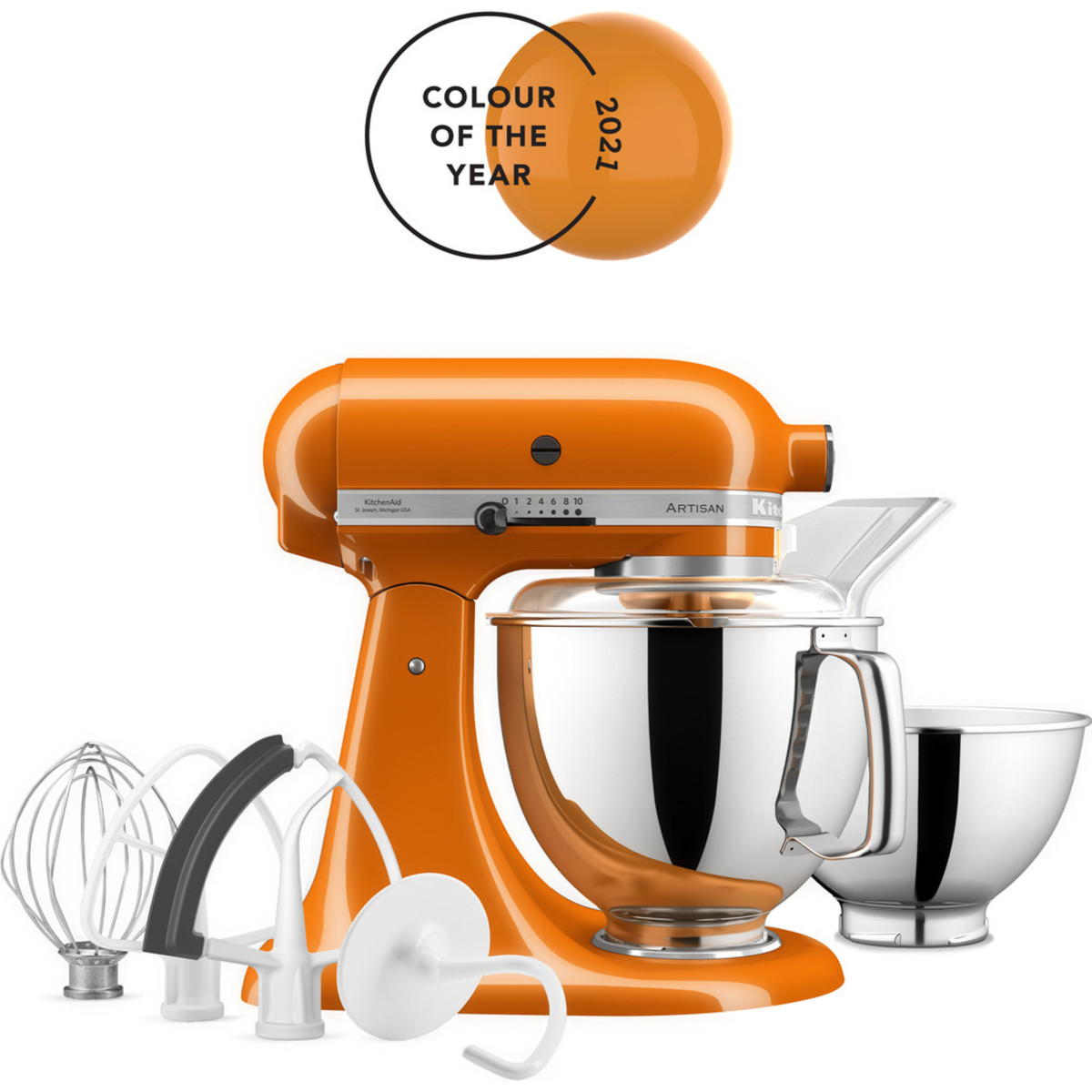 4.8L KitchenAid ARTISAN Tilt-head Stand Mixer in vibrant honey color, featuring a stainless steel bowl, multiple attachments, and a sleek design, labeled "Colour of the Year 2021."