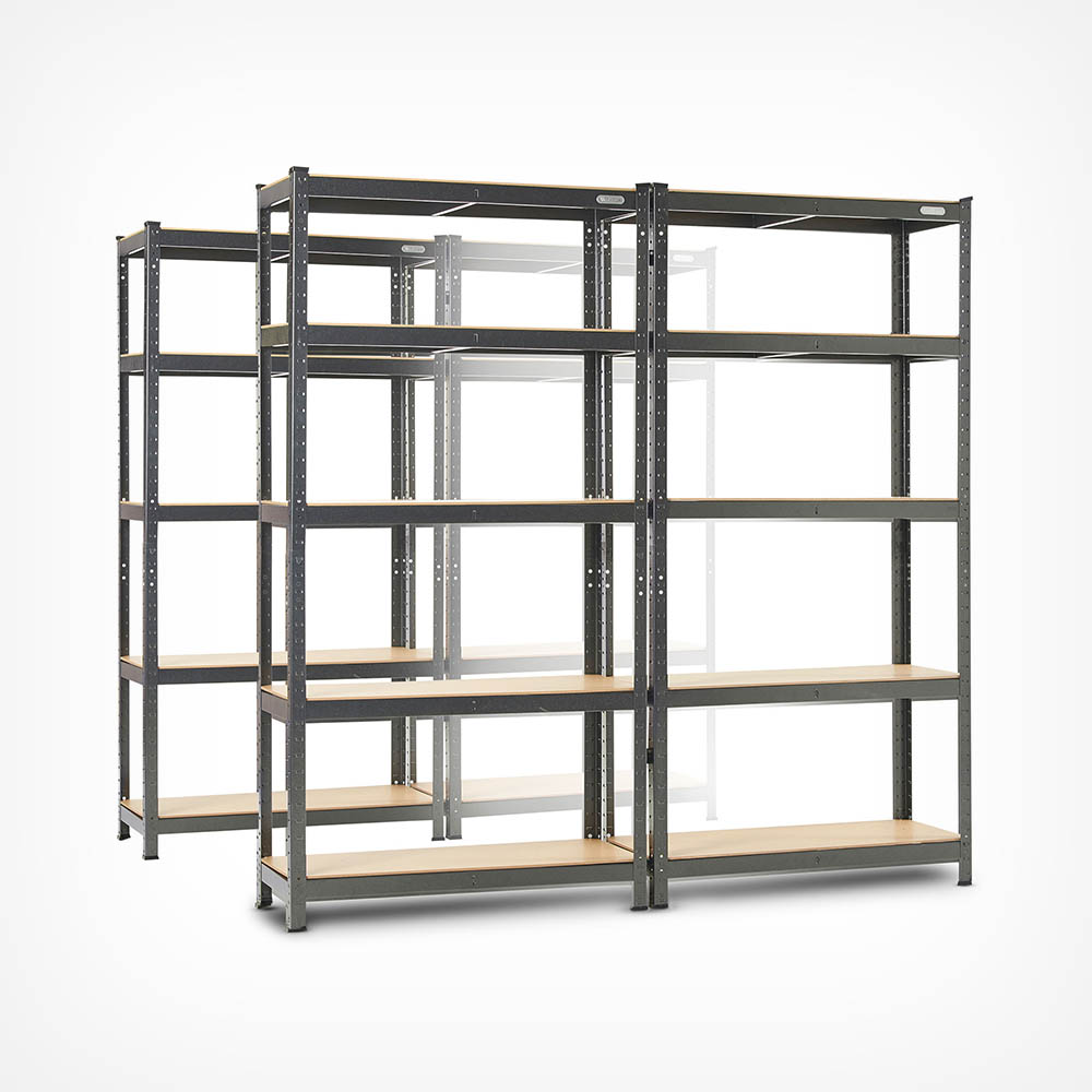 Metal racking system with four bays, five tiers, featuring a sleek black frame and wooden shelves, designed for storage and organization in various spaces.