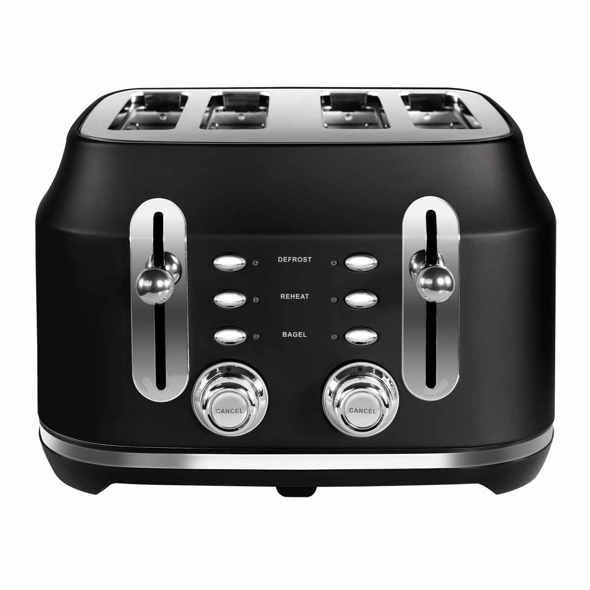 Classic black 4-slice toaster with chrome accents, featuring buttons for defrost, reheat, and bagel settings, and two large control knobs on the front.
