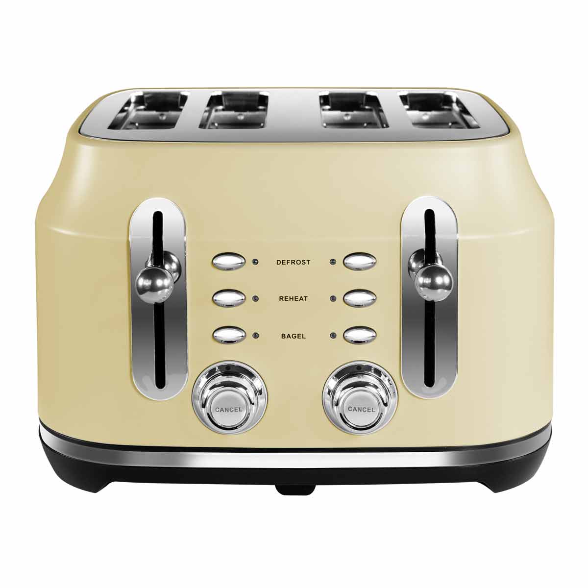 Classic cream-colored Rangemaster RMCL4S201CM toaster featuring four slots, chrome control knobs, and buttons for defrost, reheat, and bagel functions.