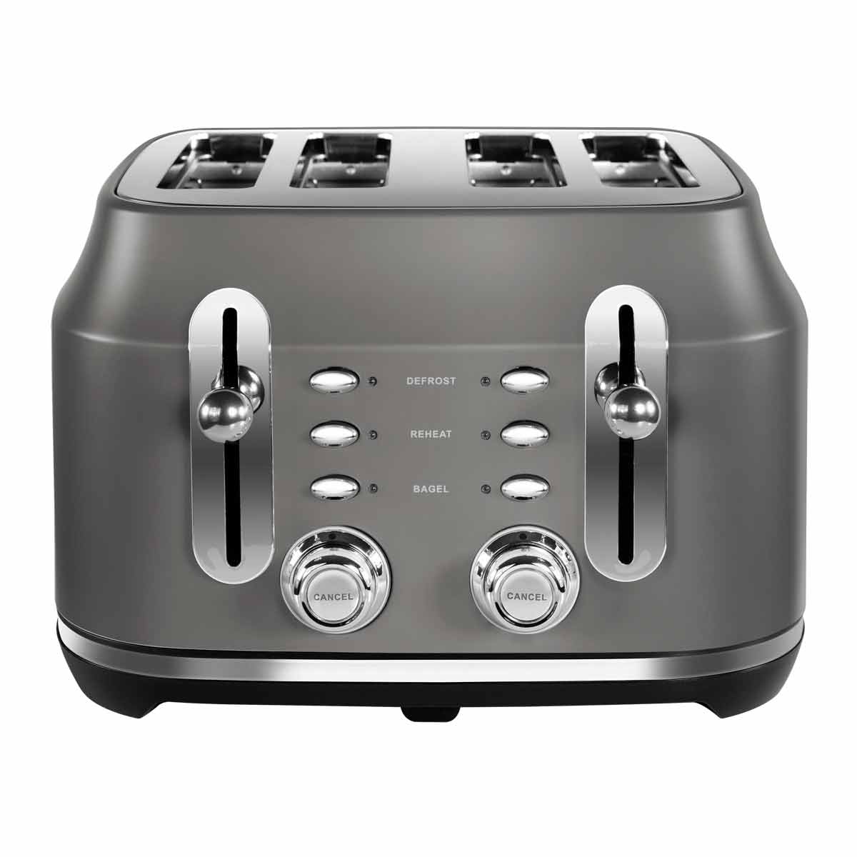 Classic grey 4-slice toaster with chrome accents, featuring defrost, reheat, and bagel settings, and two control knobs for easy operation.