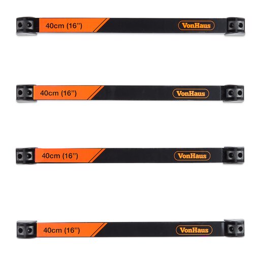 Four 40cm magnetic tool holders in black with orange accents, featuring a sleek design and sturdy mounting brackets for organizing tools efficiently.